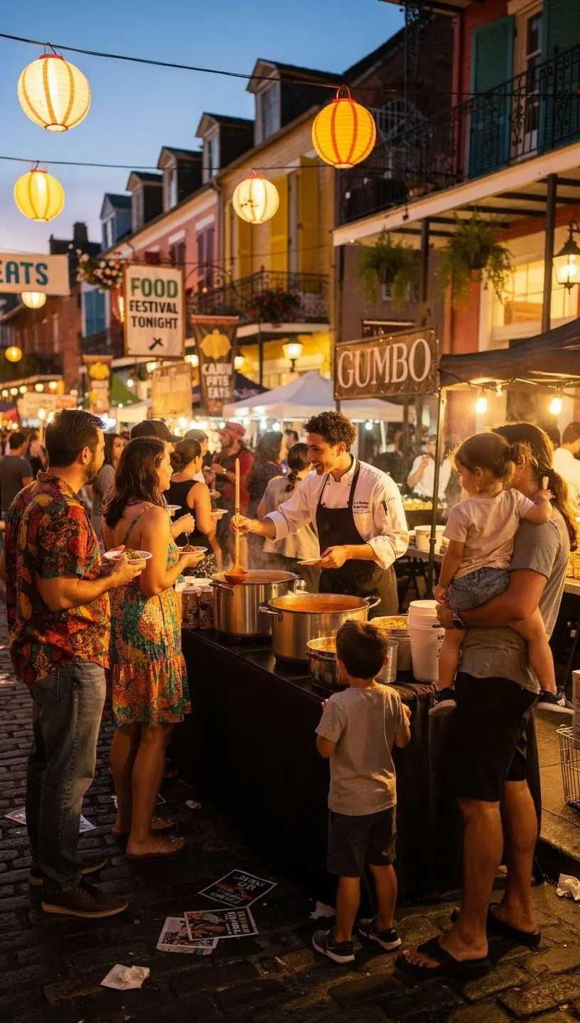 Zachód słońca nad targiem, gdzie sprzedawcy sprzedają świeżo przygotowane dania.
